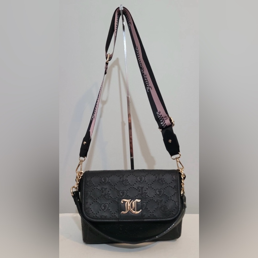 Juicy Couture Black Logo Embossed Crossbody Shoulder Bag Faux Leather - 2 Straps - Picture 2 of 16